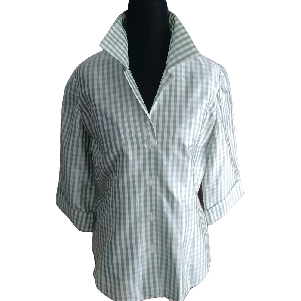 Linda Allard Ellen Tracy 100% Silk Gingham Shirt Green White Cuffed Slv Petite 8